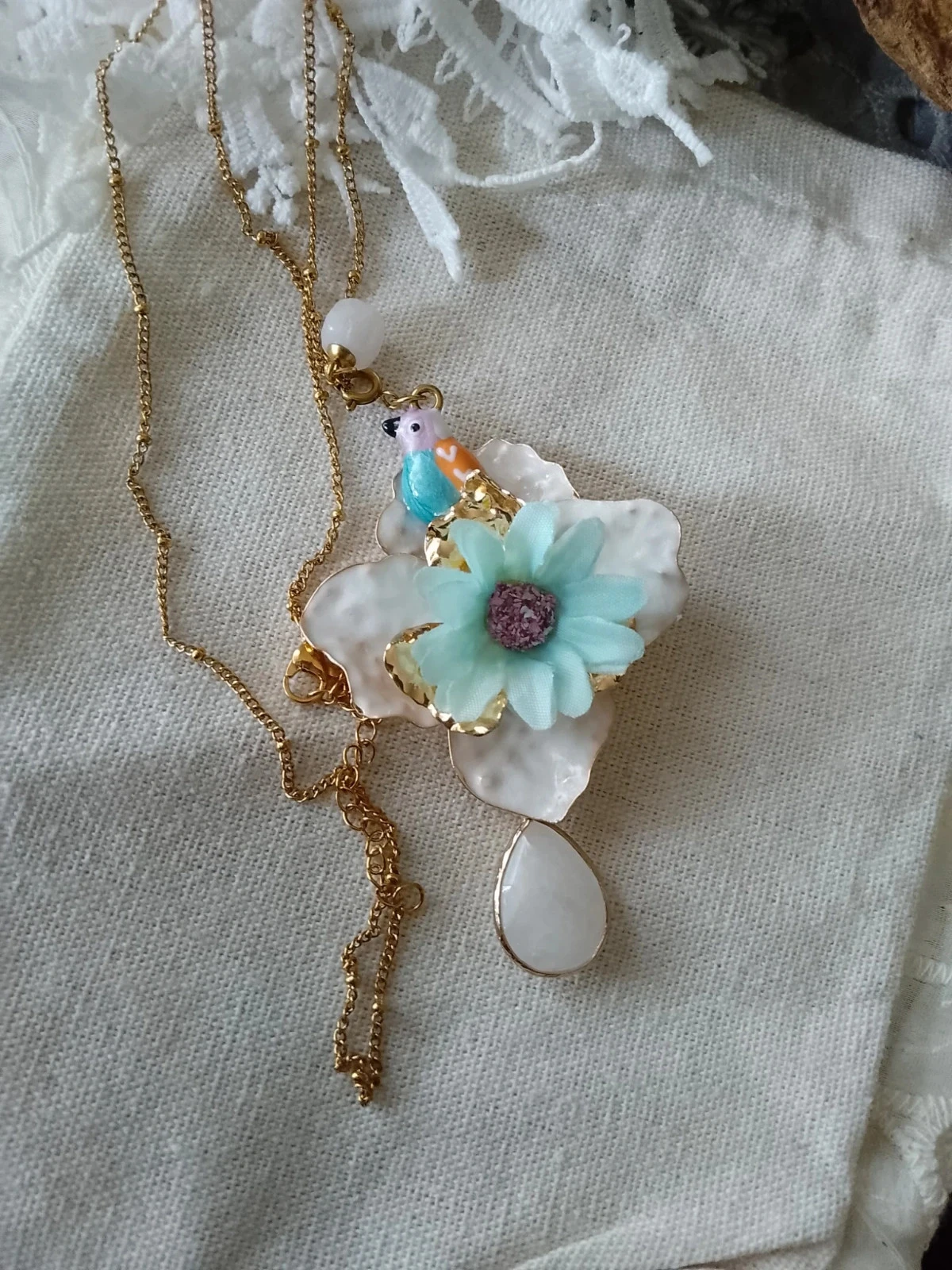 Bohemien bloem-, vogel- en natuursteen ketting – photo 3